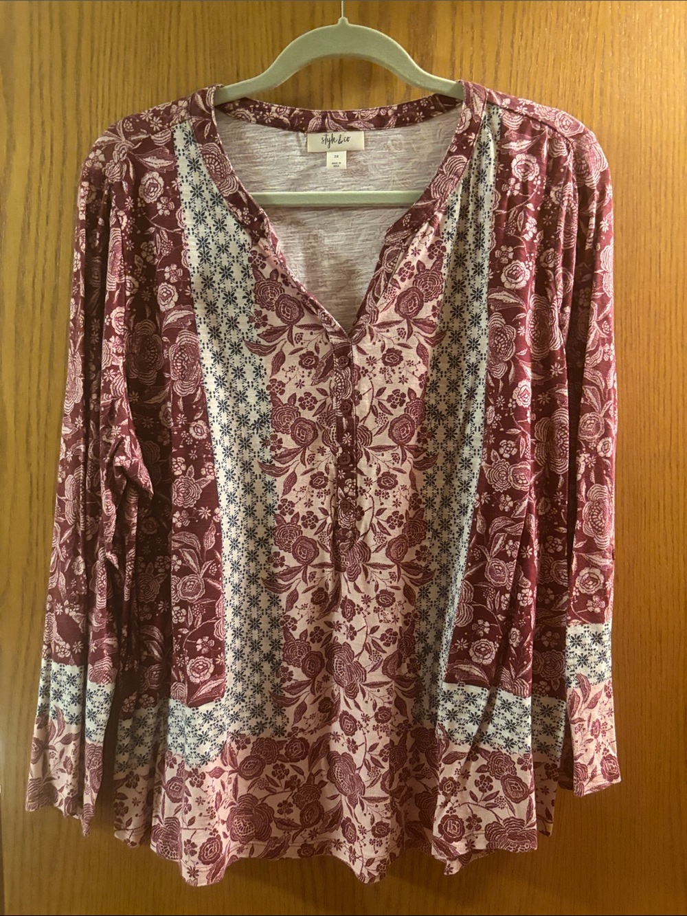 Style & Co. Burgundy Floral Mixed-Print Henley Long Sleeve Top